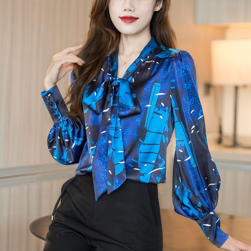 

Стильная элегантная рубашка с V-образным вырезом и завязками-бантами 2023, одежда для офисной леди, весенняя, с длинным рукавом, женская одежда, однобортная корейская блузка XXXL синий