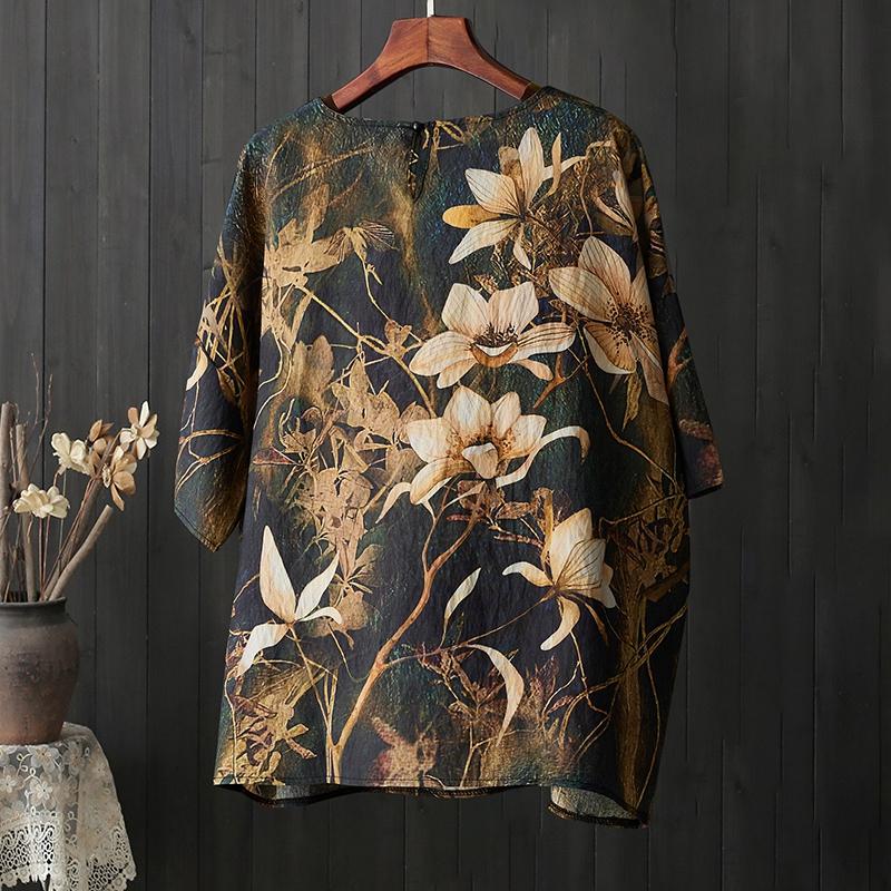 DIMANAF 2024 Letní Dámská Trička Plus Size S Potiskem Květinové Elegantní S Netopýřími Rukávy Topy Volná Ležérní Lněná Košile 5513