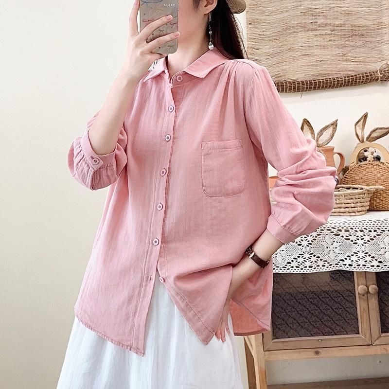 Spring and Autumn New Cotton Double-layer Cotton Yarn Long Sleeve Shirt Women's Versatile Skinny Simple Literary Japanese Retro Style Shirt
