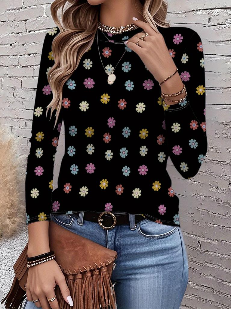 2026 New Women's Fashionable Long-Sleeved T-Shirt with Retro Floral Pattern, Perfect for Everyday Wear and Stylish Outfits