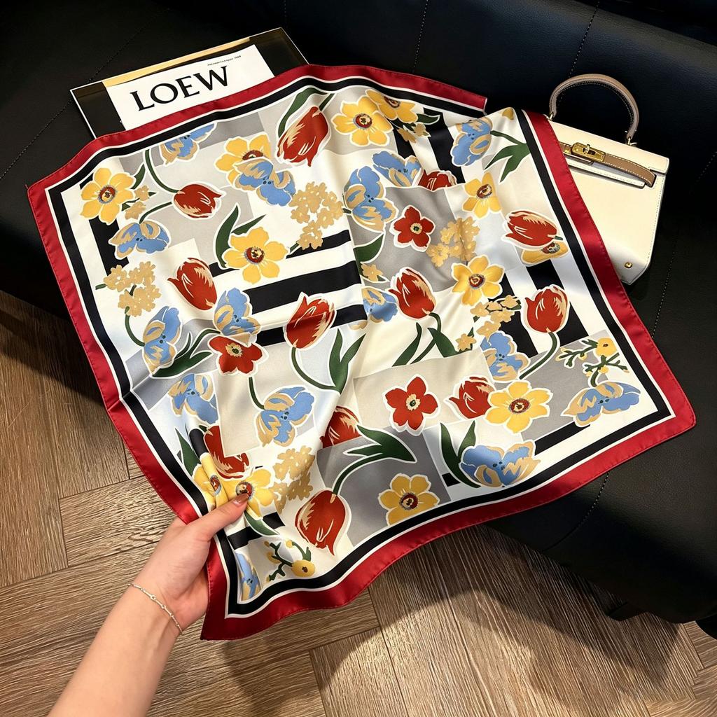 71Cm New Chinese Simulation Silk Square Scarf Soft and Skin-friendly Ink Flower Rhyme Printing Silk Scarf Neck Sunscreen Small Scarf