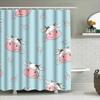 Adorable Animal Print Shower Curtain Cute Cow Design For Bathroom Decorations Blue Floral Pattern Fabric Waterproof Bath Mat Set