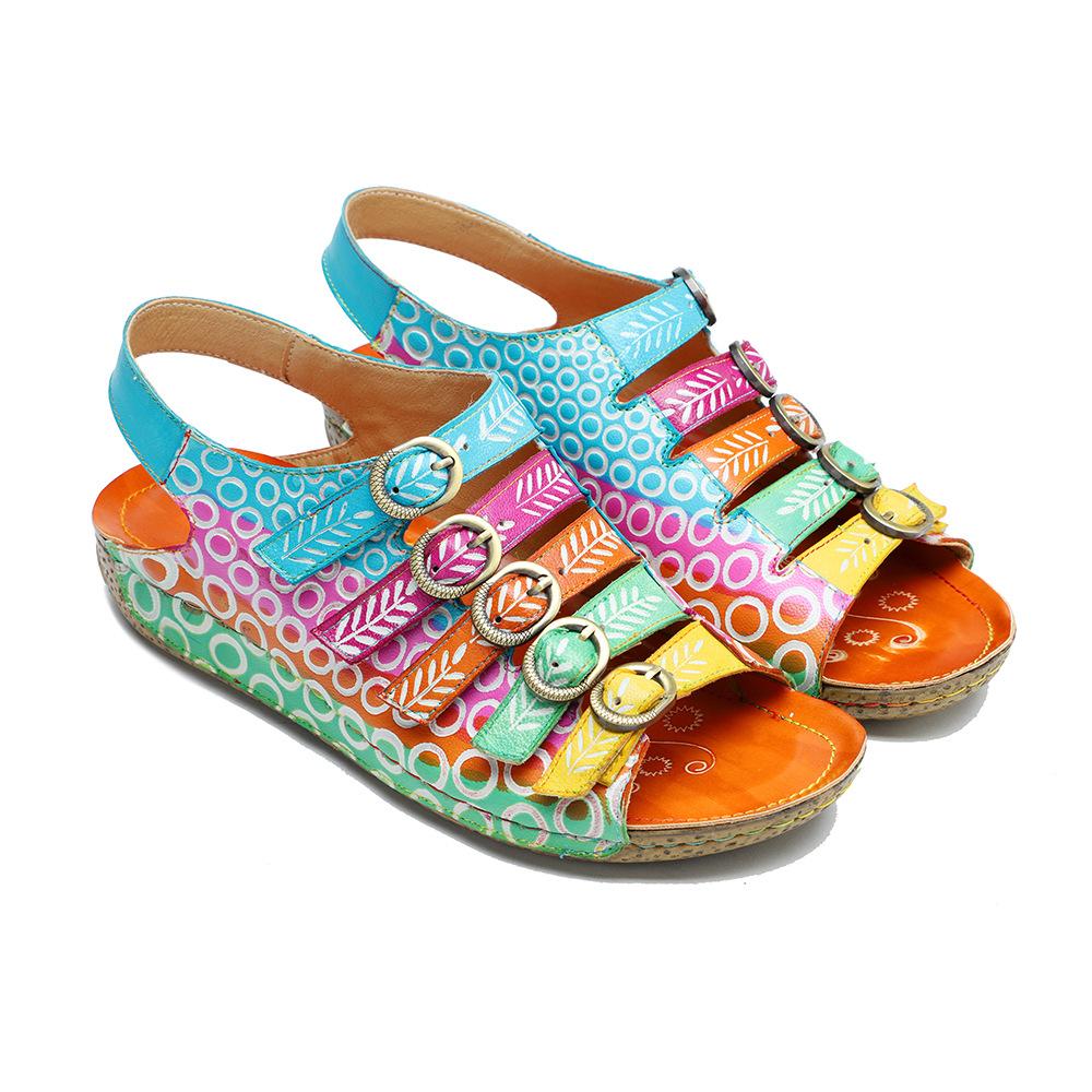 Johnature Echtes Leder Retro Damen Schuhe Sommer Farbe flache Sandalen Komfort atmungsaktive handbemalte Strandsandalen