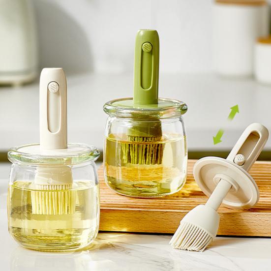 Glass Oil Bottle Silicone Brush Integrated Oil Pot Vinegar Jar Easy-Fill Wide Mouth Oil Dispenser for Barbecue Frying Baking Cooking