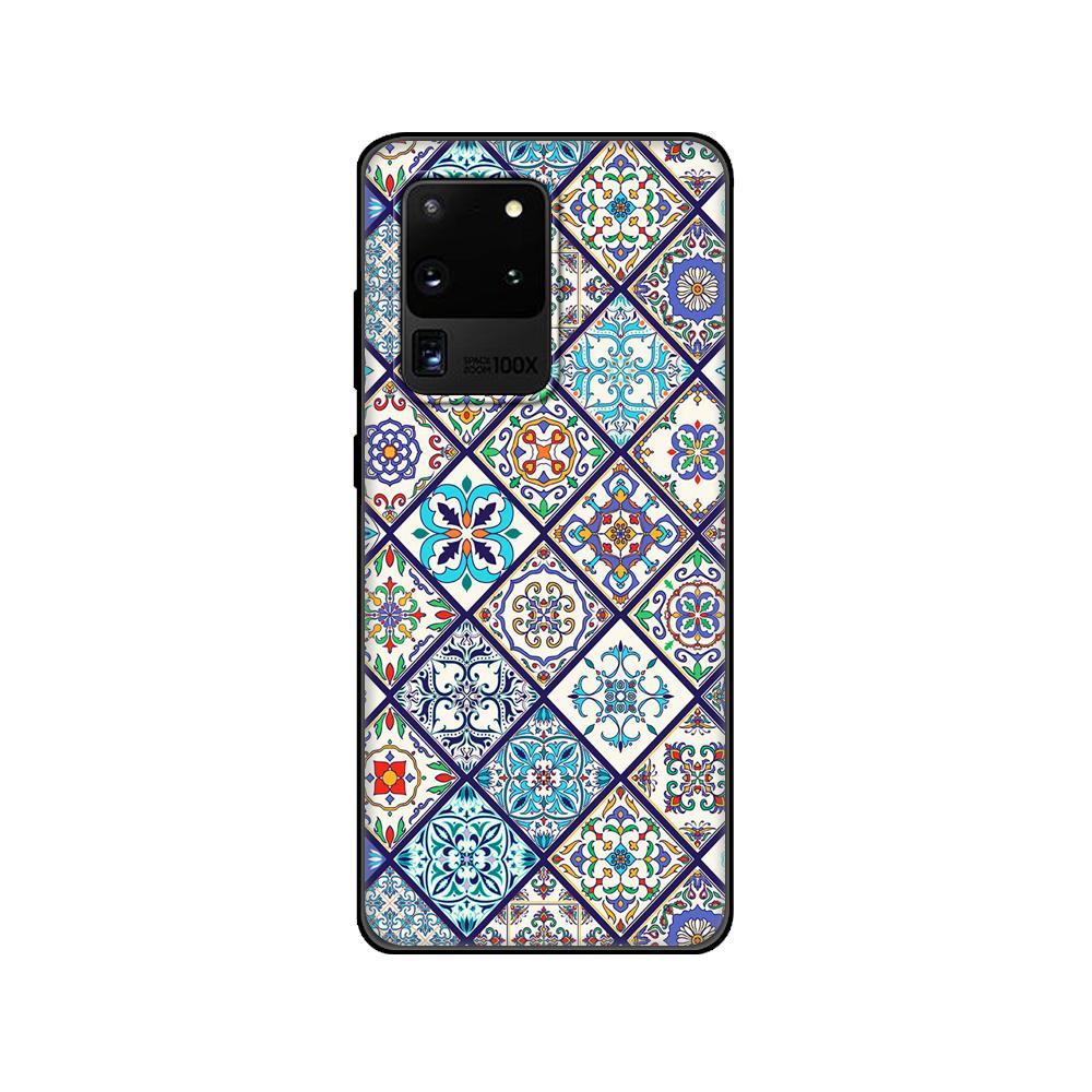 Svart TPU-fodral för Samsung galaxy S20 /S20 PLUS/S20 ultra/S20+ /S20FE baksida 3D-prägling Vintage Retro Rutmönster Blomma