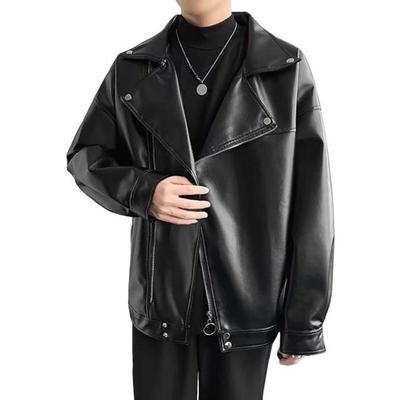 Men Jacket Imitation Leather Motorcycle Style Solid Color Loose Fit Coat Lapel Long Sleeve Zipper Placket Outerwear