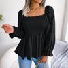 Women Spring Summer Square Neck Solid Color Long Sleeve Chiffon Shirt Wooden Ears Tops