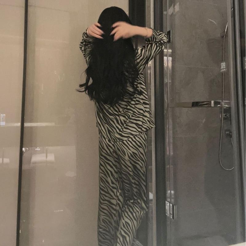 Ice Silk Pajamas Women Spring and Summertime Long-sleeved Trousers Home Pajamas Set