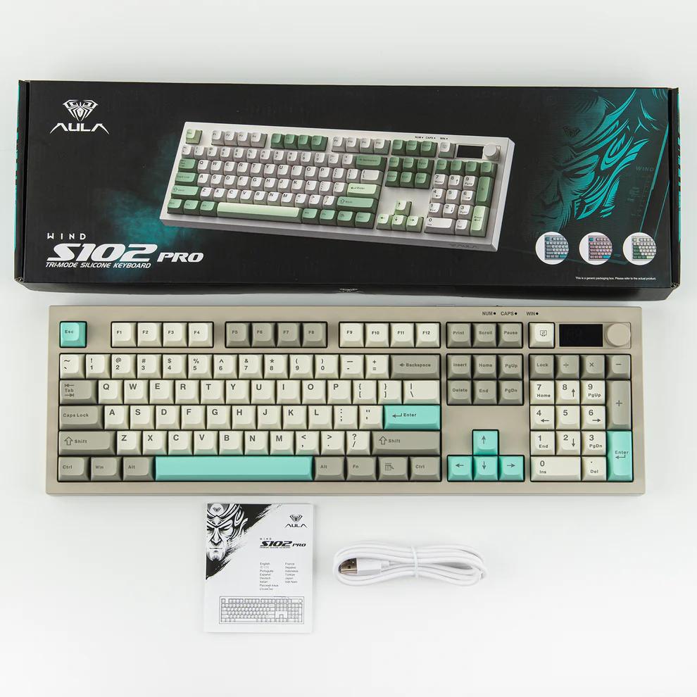 Aula S102 PRO Tri-model Silent Membrane Keyboard 2.4G Wireless TFT Display Volume Knob RGB Full Size ANSI US for PC Game Office