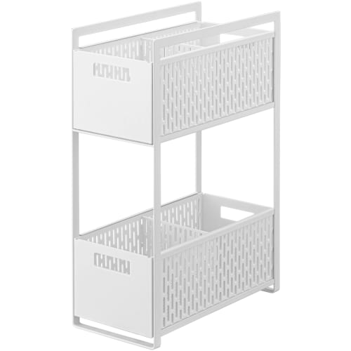 Yamazaki Tower Under-Sink Storage Basket, 2 Tiers, White, Approx. W16 X D32.5 X H46cm, Sliding Storage Rack with Dividers, Fully Assembled, Product Nu