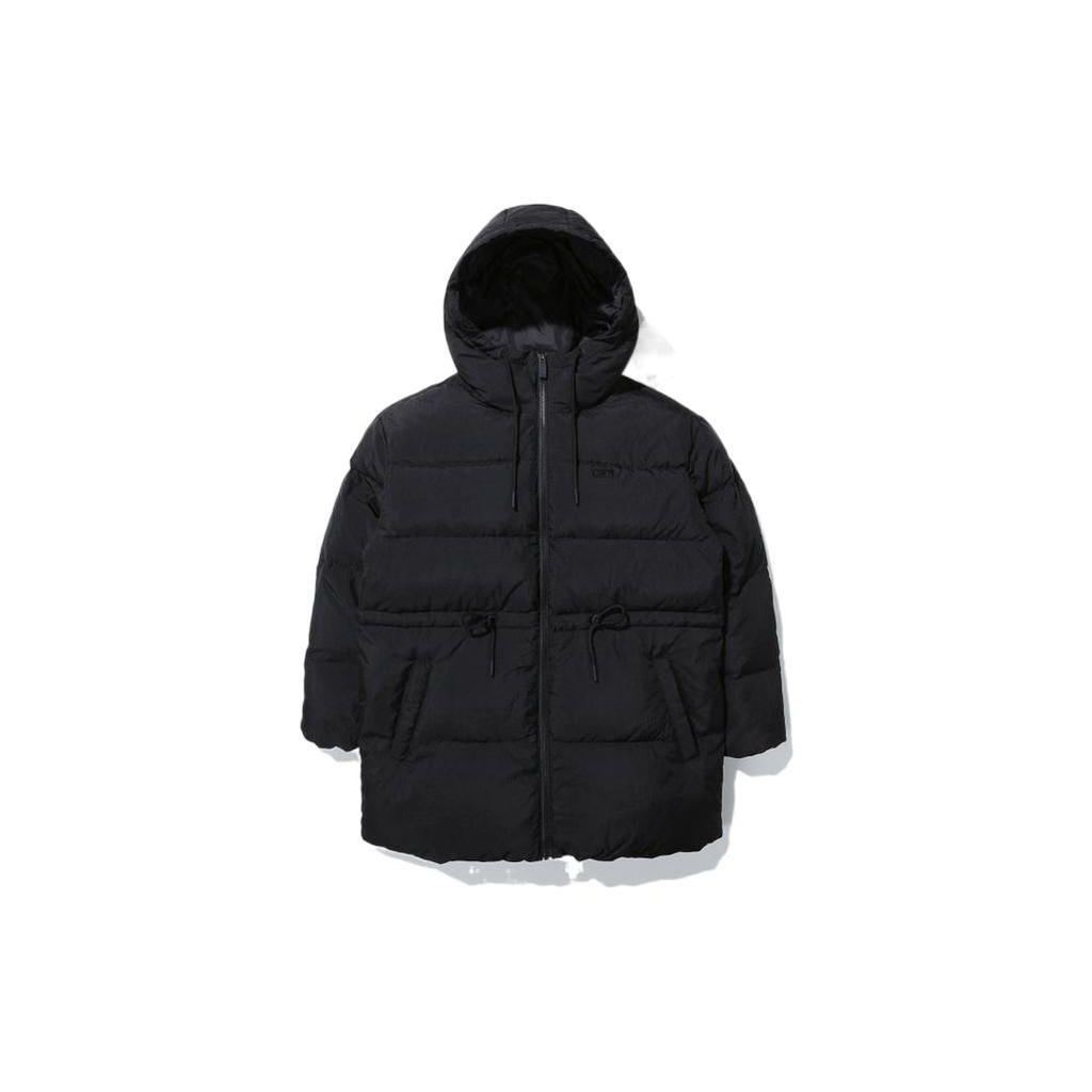 Fila Solid Color Logo Hooded Drawstring Waist Mid-Length Down Jacket Unisex Outerwear Black FS2DJD4151F-BLK