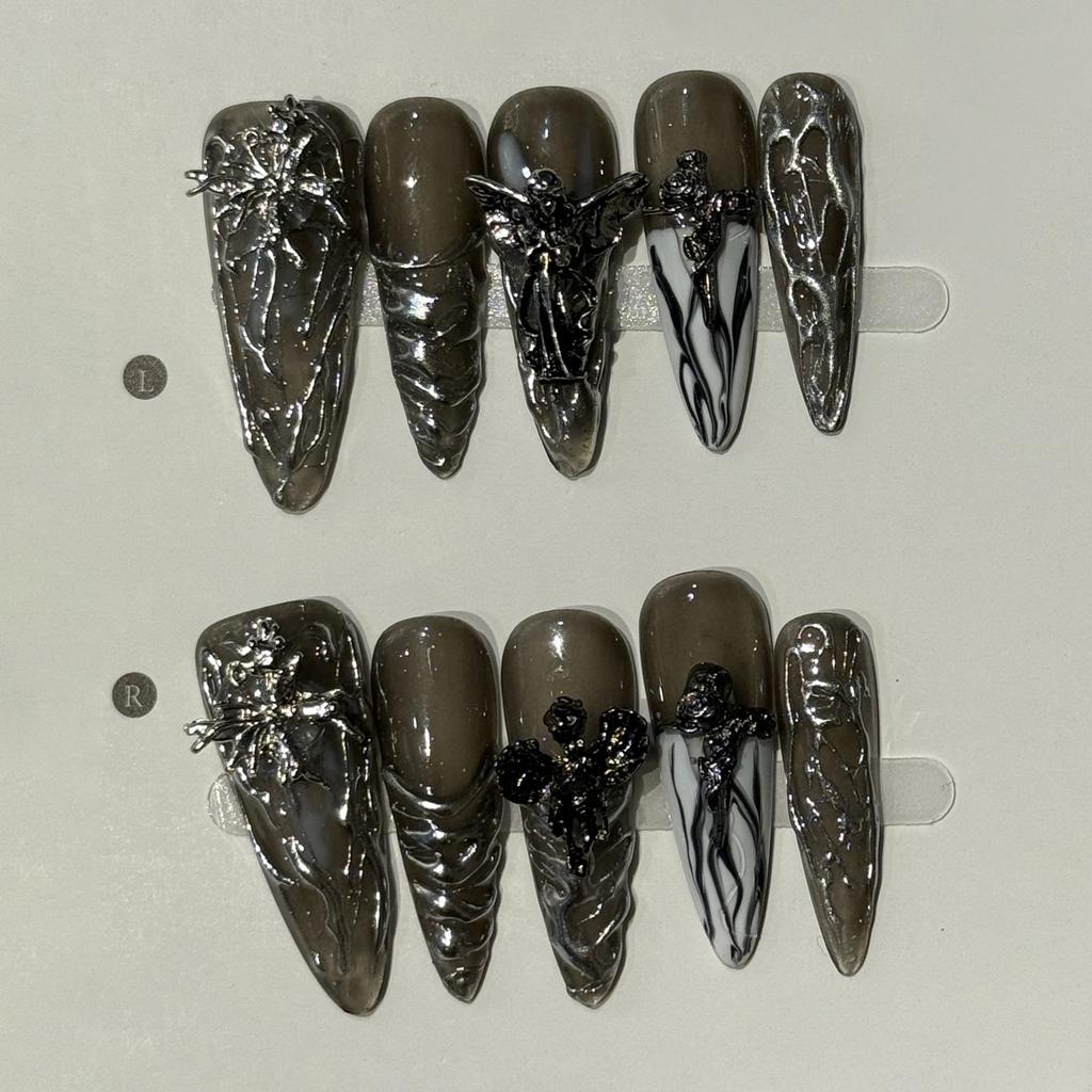 10Pcs Retro Black Rose Cat Eye Press On Nails Luxury Pearl Diamond Butterfly Long Stiletto False Nails