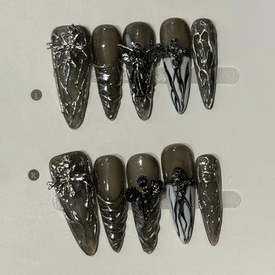 10Pcs Retro Black Rose Cat Eye Press On Nails Luxury Pearl Diamond Butterfly Long Stiletto False Nails