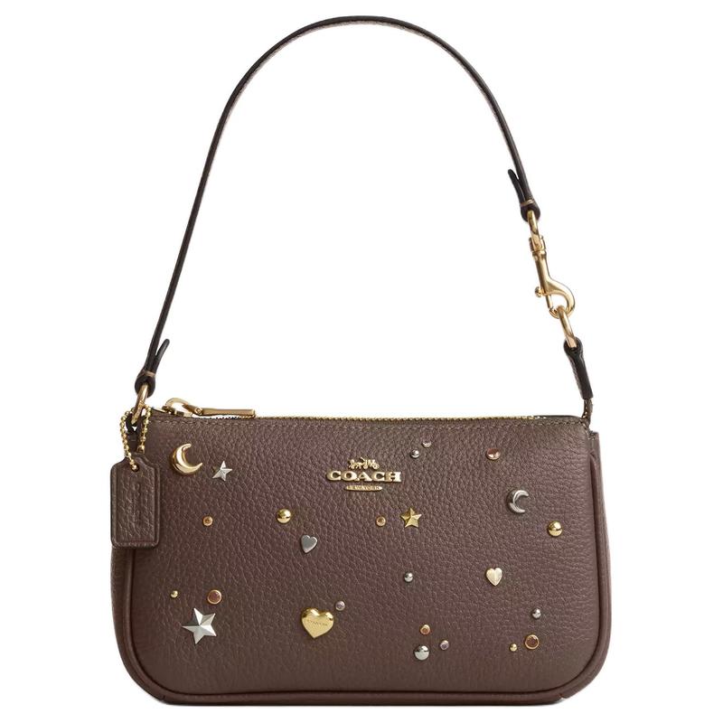 COACH Nolita 19 Studded Top Zip Closure Hammered Leather Shoulder Bag Small Women s Brown коричневый