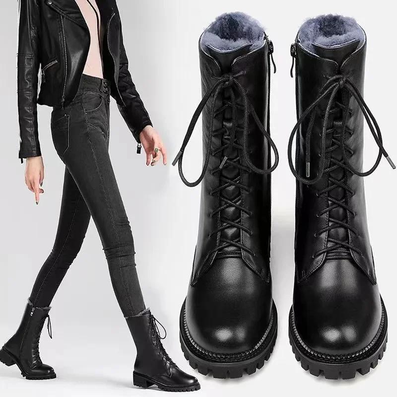Fashion High Top Boots Women 2024 Thickened High Heel Lacing Double Zip Shoes for Women Mid Calf Boots Chunky Heel Platform Women Boots