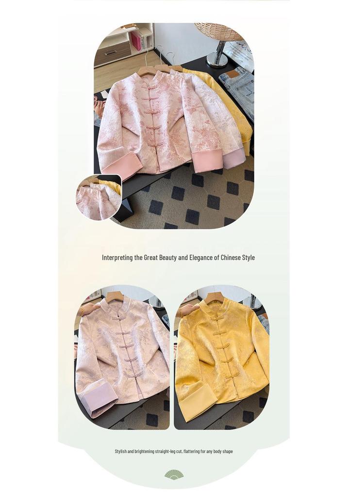 Silk Age-Reducing Frog Button Jacquard Top for Middle-Aged Women - Plus Size, Chinese Style, Spring/Autumn Outerwear
