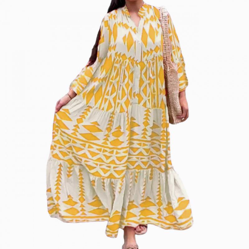 2026 Cross-border Plus Size European & American Women's Bohemian Print Pullover Dress for Autumn