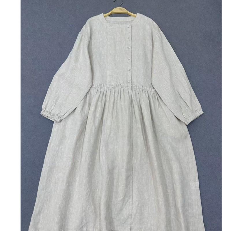 Johnature Spring Autumn Round Neck Ruffled Dress For Women Loose Casual Vintage Dress For Women