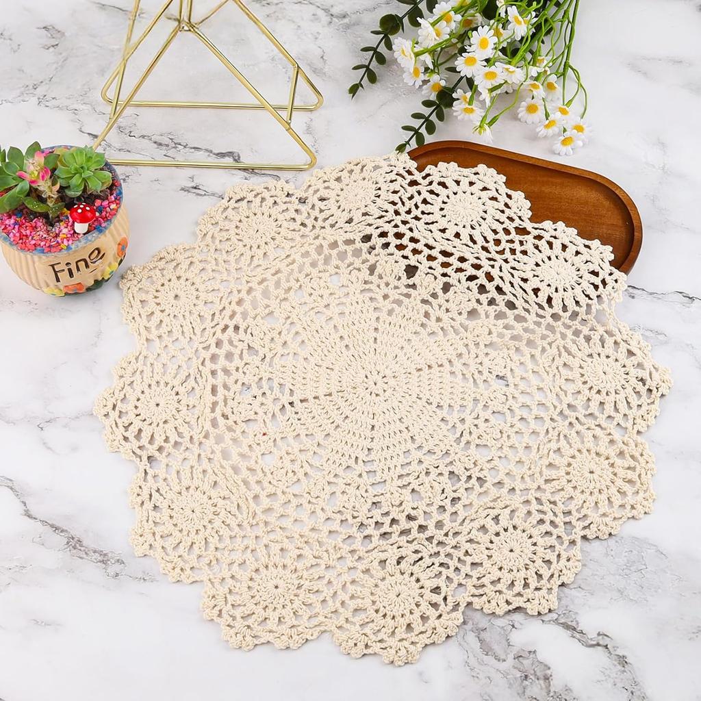 1-Pack Vintage Lace Placemats - 15.7'' Large Crochet Lace Tablecloth Doilies - Handmade Embroidered Round Table Overlay for Dining, Tea Party,