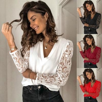 Women's Sweet Lace Spliced Long Sleeve Chiffon Shirt Office Lady Solid V-Neck Blouse Women Clothing Plus Size