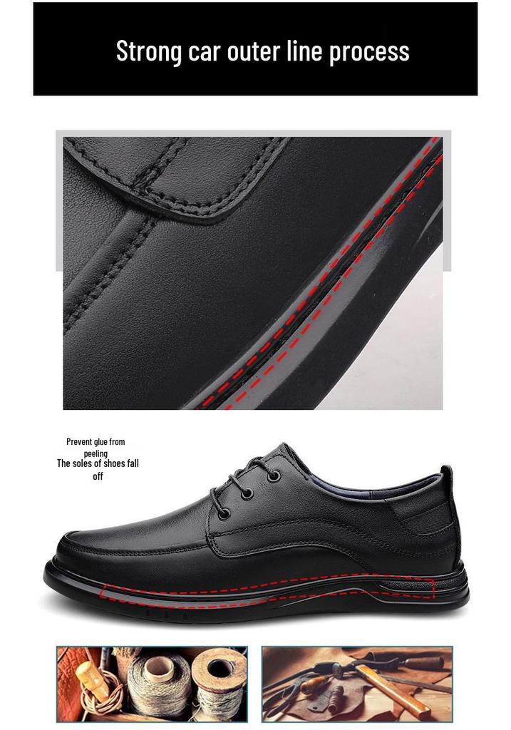 Men's Spring Leather Casual Business Lace-up Shoes - Genuine Leather, Comfortable, Large Sizes Available