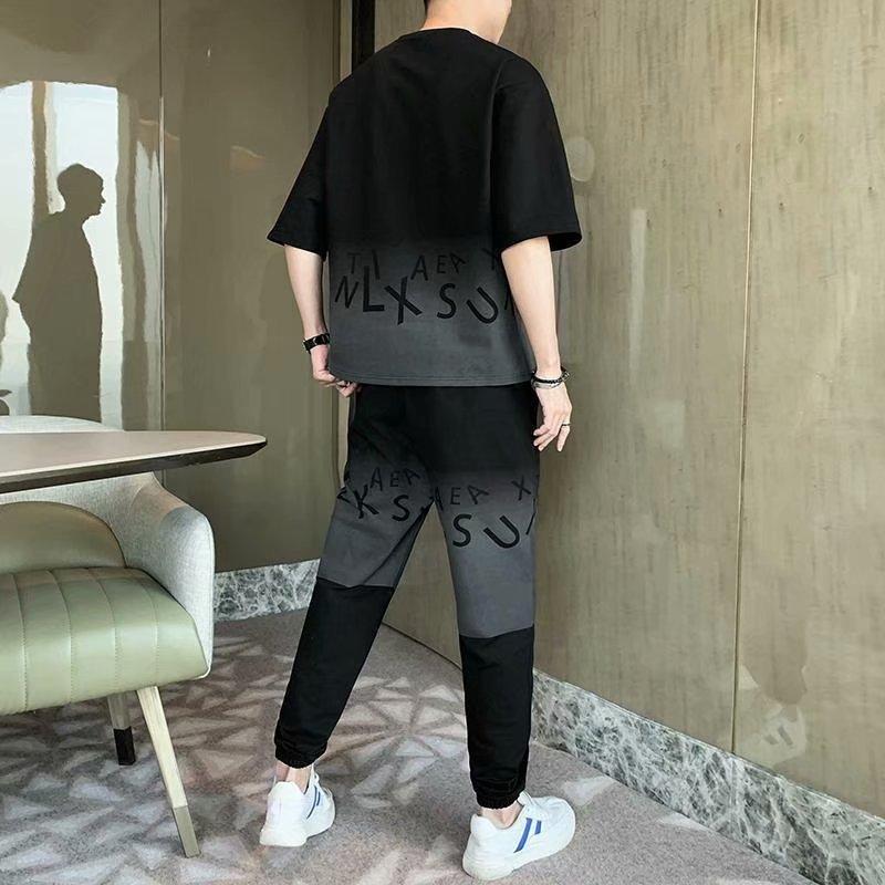 IELGY Casual Suit Men's Gradient Color Hip-hop Summer Korean Version Of The Trendy Brand Trousers And Short-sleeved Clothes A Set Of Collocation