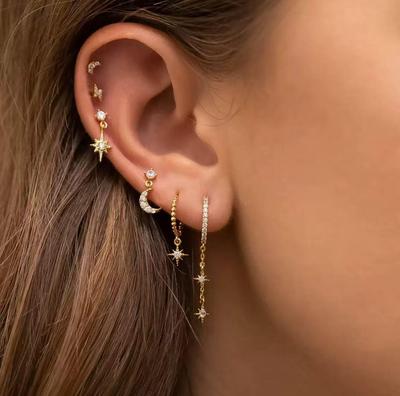 Star and Moon Chain Tassel Earrings with Hexagram Zircon Studs Set - Women's Dangle Earrings