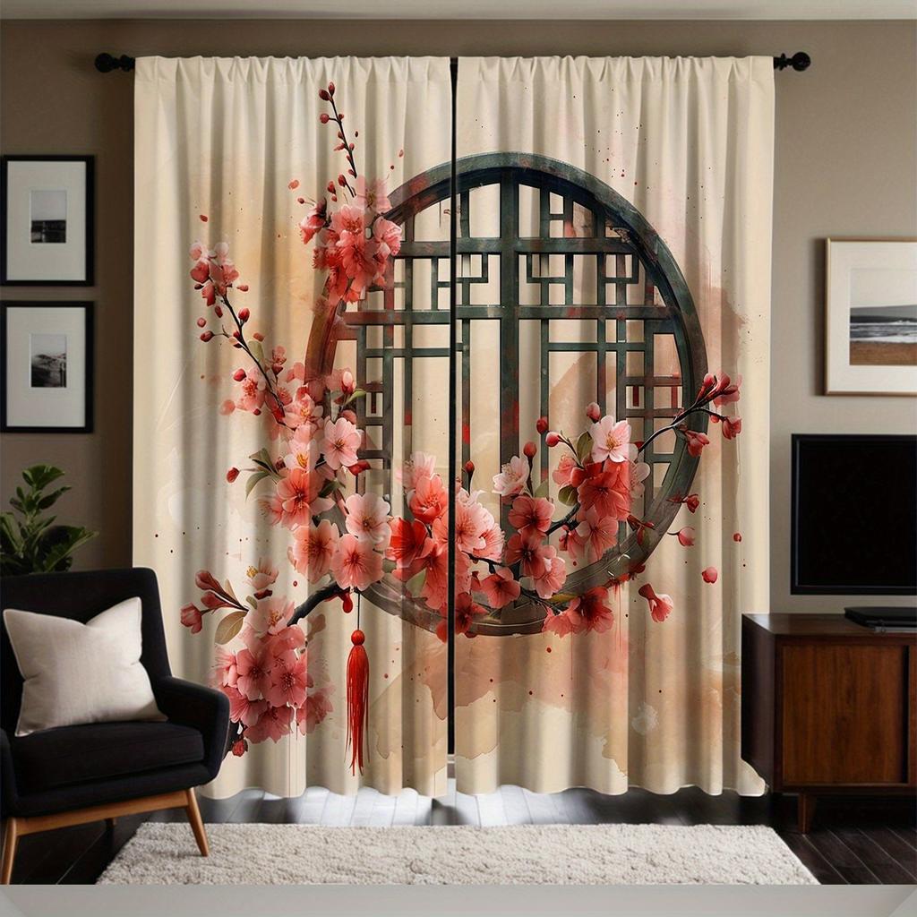 Sakura Curtains Hd Digital Print Sheer Polyester Living Room Bedroom Asian Design Pocket Rod Top Elegant Darkening Made Of Window Treatment