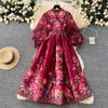 Vestido de Fiesta Boho para Mujer Impresión Floral Preciosa Gasa Manga de Farol Cierre de Cordones Cruzado Cuello en V Empalme de Banda de Satén