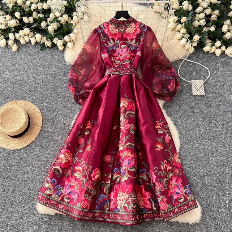 Vestido de Fiesta Boho para Mujer Impresión Floral Preciosa Gasa Manga de Farol Cierre de Cordones Cruzado Cuello en V Empalme de Banda de Satén