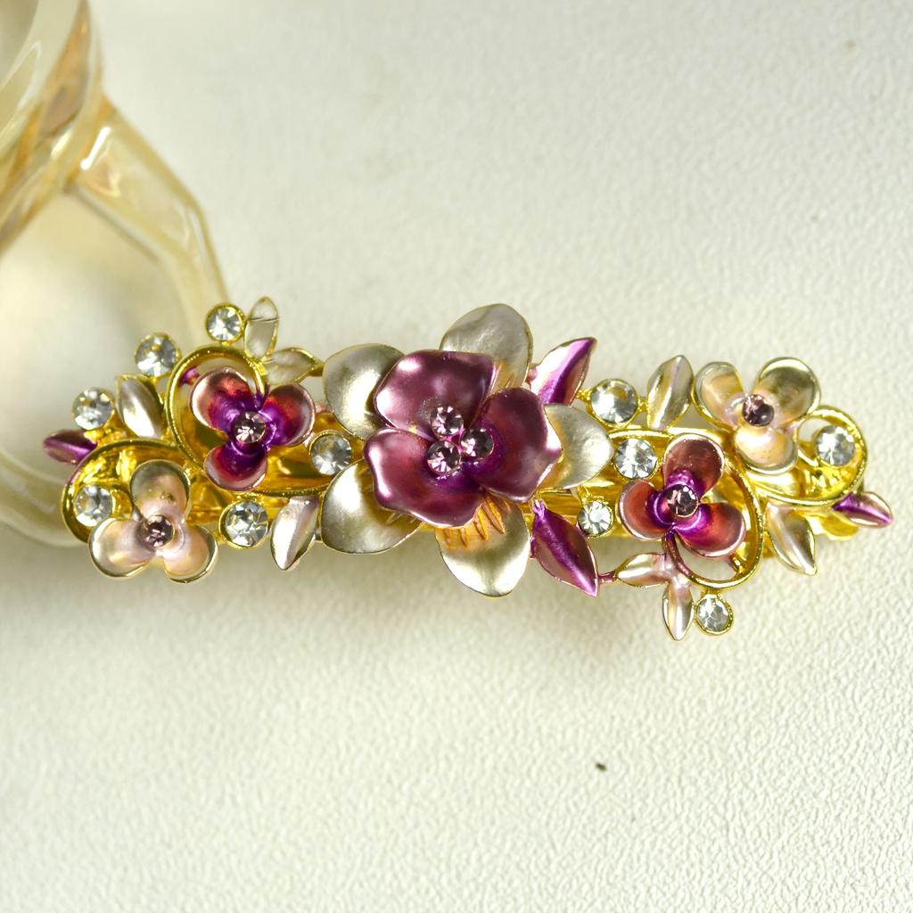 Single Bohemian Floral Rhinestone Hair Clip Large Rectangular Hairpin with Multicolor Enamel Flowers, Sparkling Crystals Golden Tone Accents for Women