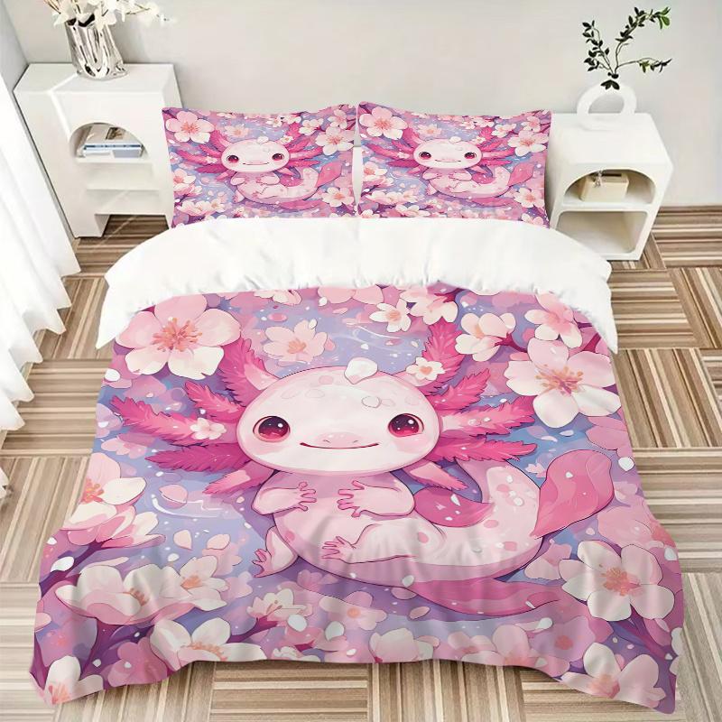 3pcs Axolotl & Pink Flower Bedding Set - Includes 1 Quilt Cover and 2 Pillowcases, Comfortable Bedding with Stylish Design for Bedroom, Mach