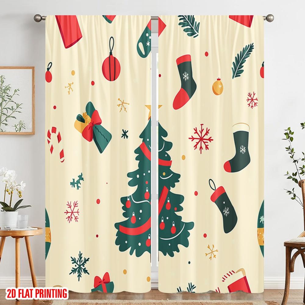 2Pcs,2D Plane Printing Contemporary Curtains Christmas Tree Snowman Winter Gift (2) Polyester Easy Install (Without Rod)