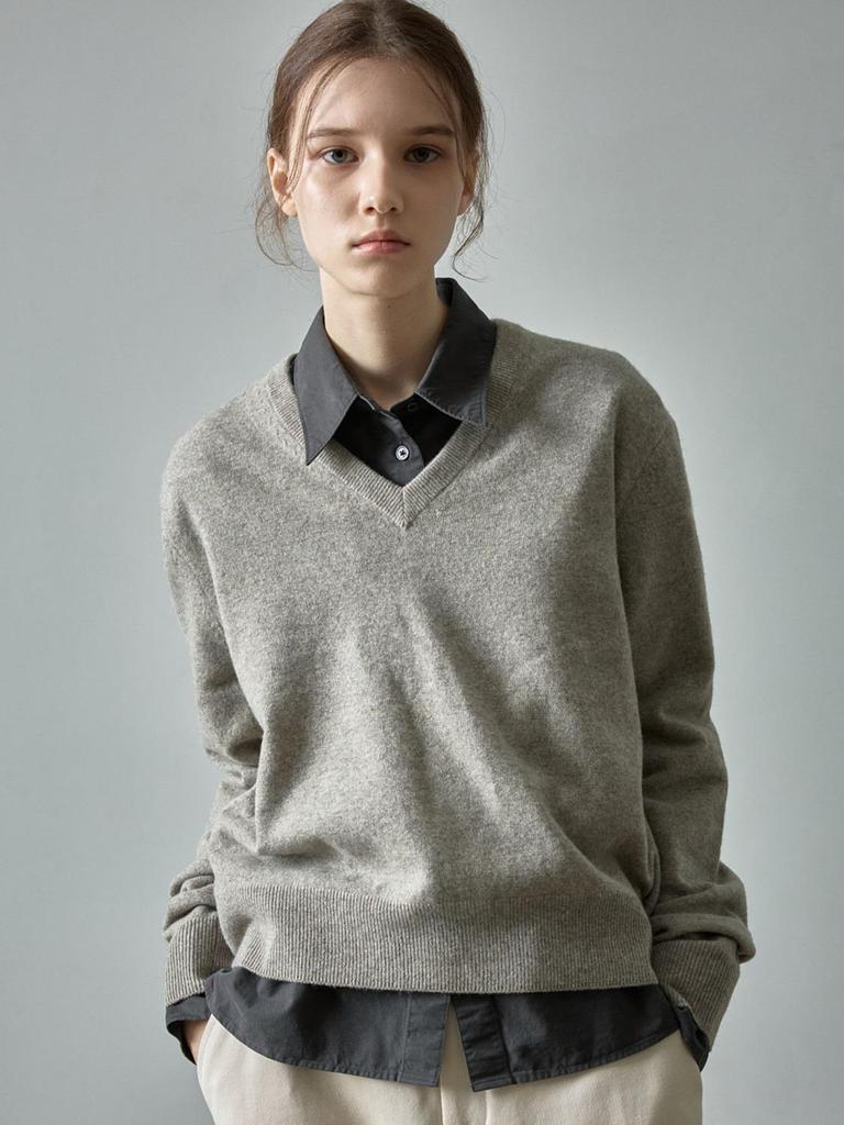 In-Stock: Women's V-Neck Wool Sweater - Fall/Winter Design, Simple Loose Fit, Slimming Knit Top
