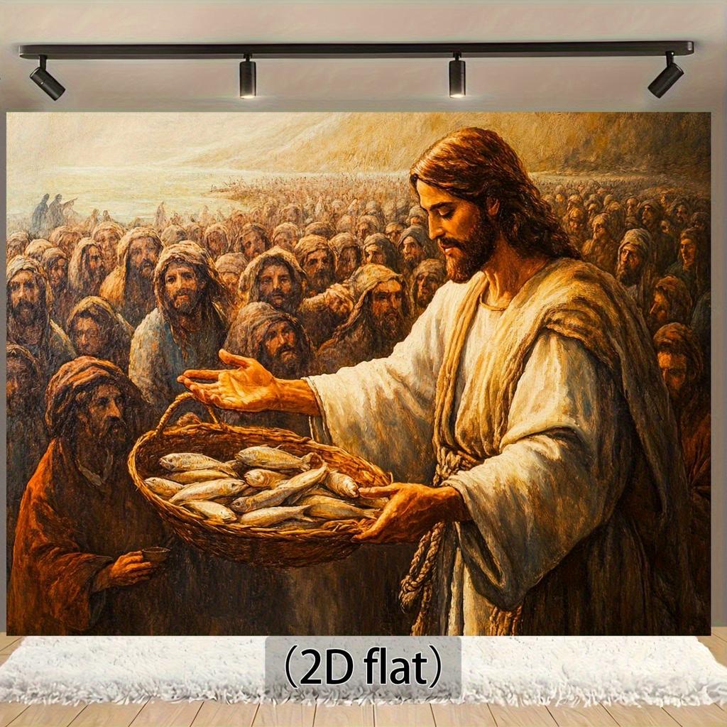 One 2D flat background panel featuring a Bible theme with Jesus a bread basket and fish.zyc