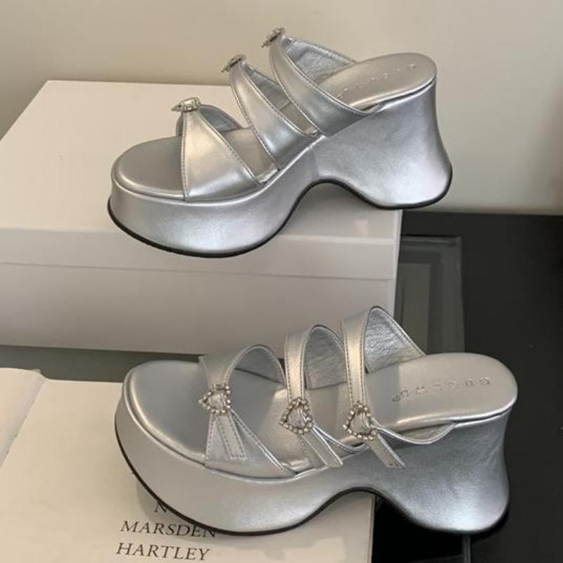 Fashion Heeled Slippers Woman Platform Sandals Summer Belt Crystals Buckle Chunky Shoes Black High Heels Zapatos De Mujer Sandals Woman