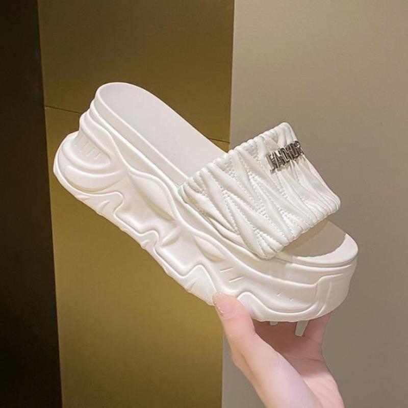 Metalldekoration Klobige Plateausandalen Damen Sommer 8CM Keilabsatz Hohe Absätze Sandalen Frau Sohle Pantoletten Badeschuhe