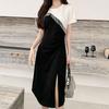Contrasting Colors Patchwork Tassel Dresses Stylish Split Summer Elegant Folds A-Line Casual O-Neck Midi Dress