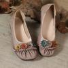 Leather Shallow Mouth Single Shoes Women's Beef Tendon Sole Round Head Light Non-slip Soft Sole One Pedal Shoe Flower