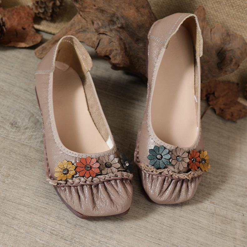 Leather Shallow Mouth Single Shoes Women's Beef Tendon Sole Round Head Light Non-slip Soft Sole One Pedal Shoe Flower