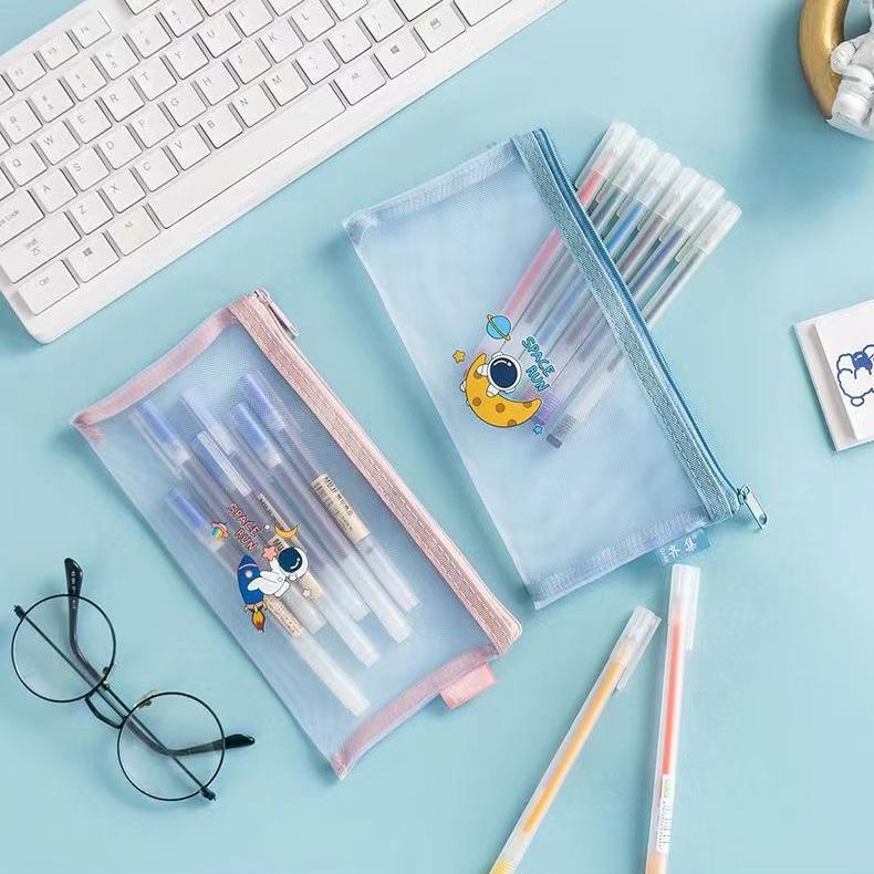 Simple Cartoon A6 Mesh Zipper Pencil Case & Document Bag for Students