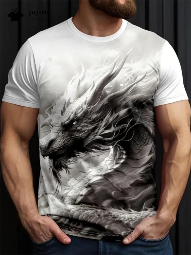 Summer Round Neck 3D Print Top Fashionable Casual Short Sleeved Dragon Pattern Men's T-shirts