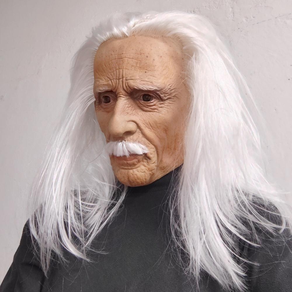 Realistic Full Head Latex Mask with Beard for Men Long White Hair Halloween Costume Party Prop Old Man Cosplay Headgear