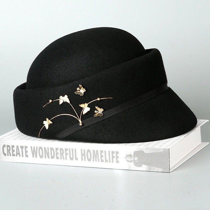 

Equestrian Hat Pure Wool Metal Butterfly Flower Versatile Concave Top Cap Boutique Woolen Felt Hat M（56-58cm） чорний