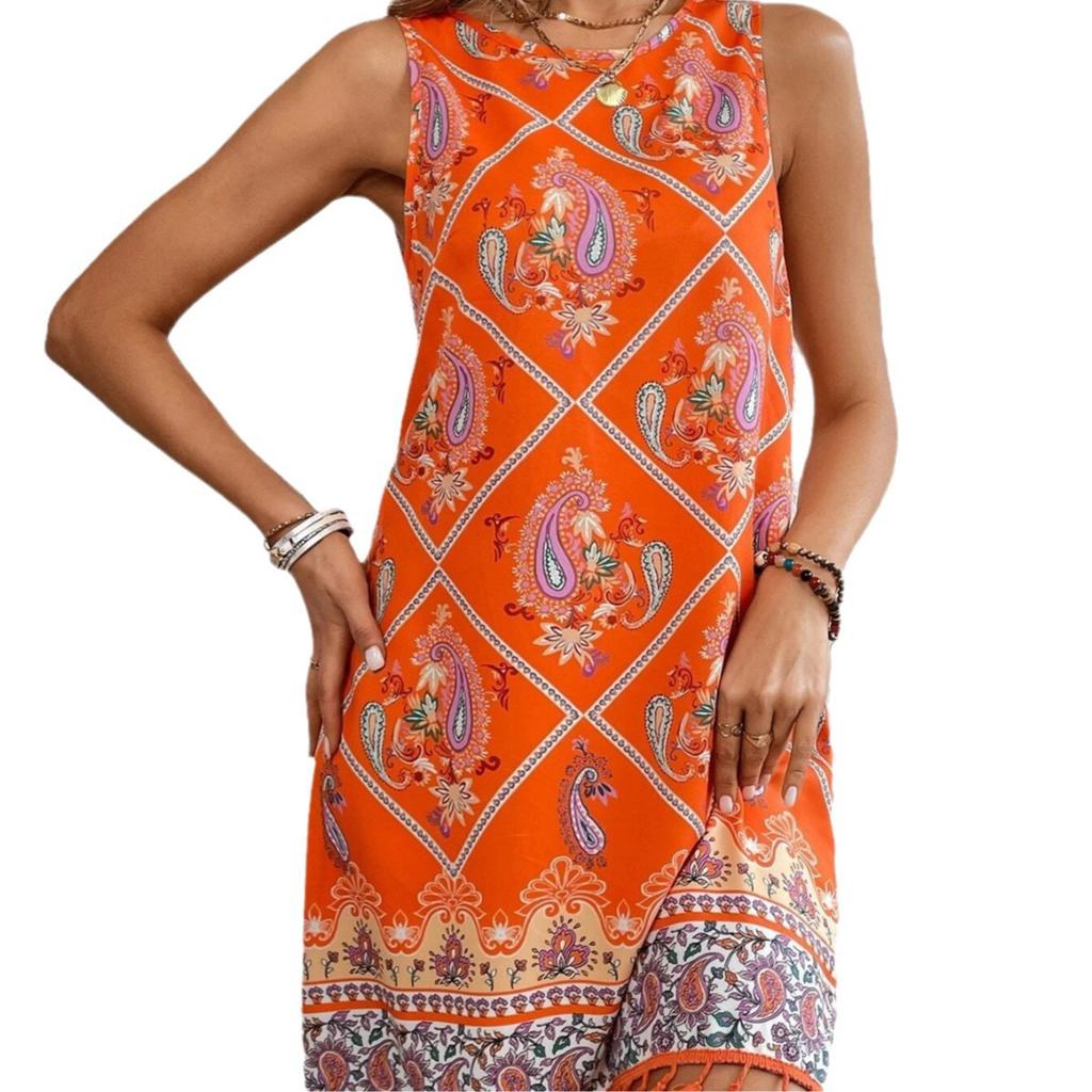 2026 new resort style print crew neck fringed hem women's dress