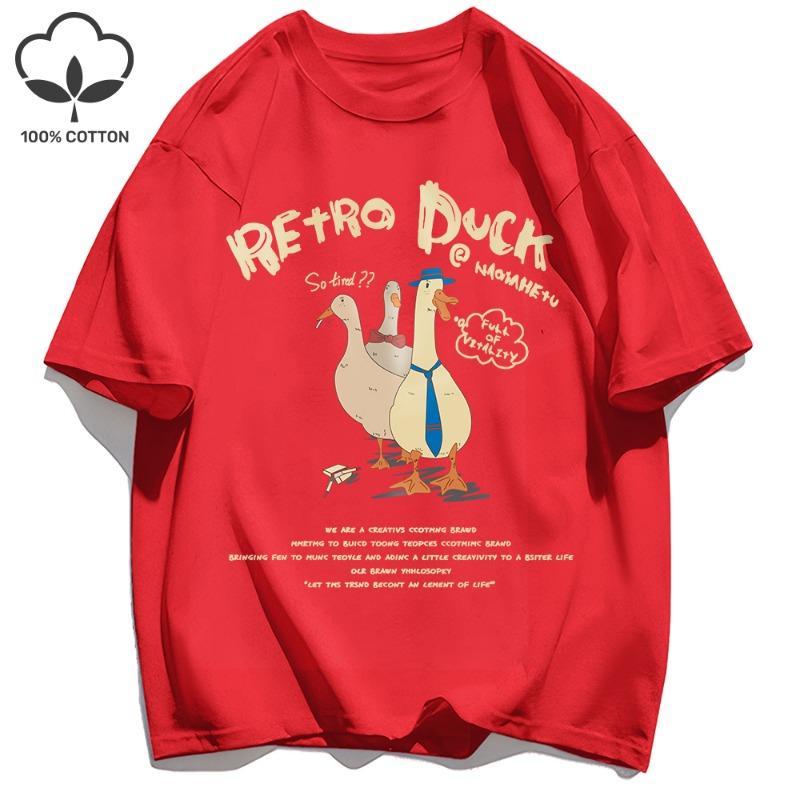 Retro Duck Print Mens T-Shirts Loose Cotton Breathable Short Sleeve Trendy All-Match Clothes Summer Soft Unisex Basics Top