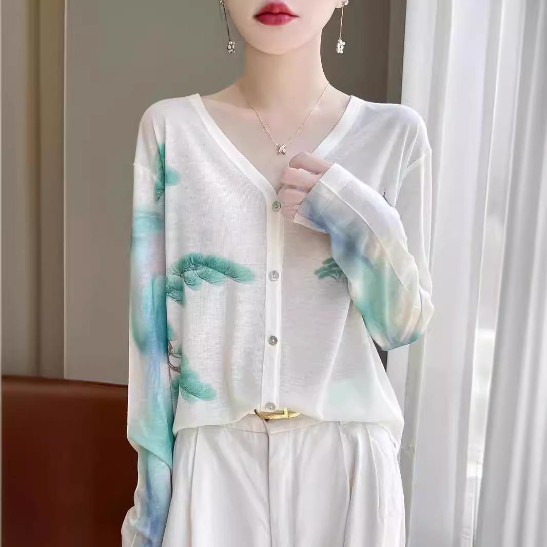 

Water Soluble Soft Wool Loose Cardigan Knitted Tencel Top Sunscreen Print Shirt XL (130-155 cm)