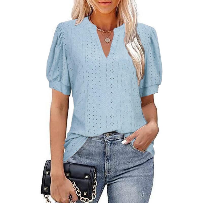 QICED Moda feminina casual cor sólida estampa manga curta blusas e camisas com decote em V
