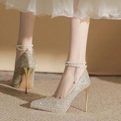 Moda Mujer Nuevo Boda Cristal Lentejuelas Zapatos de Salón Mujer Fiesta Boda Bling Brillo Tacones Altos Zapatos Señoras Tacones Altos Cadenas de Perlas Zapatos