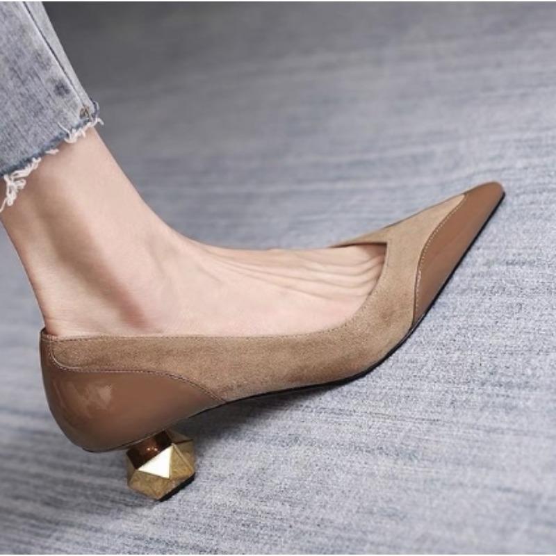 Fashion New Style Luxury Women's Fashion Mid Heel Special-shaped Heels Pointed Shallow Single Shoes Lady Leisure Comfortable Work Shoes